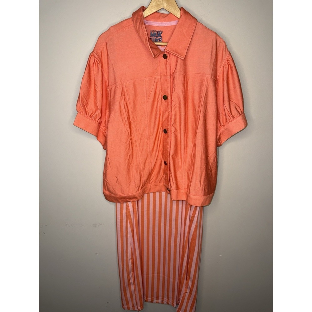 MUK LUKS Stretch Faux Denim Topper & Rib Knit Lounge Dress Cream/Stripe,Size 1X - Picture 4 of 5